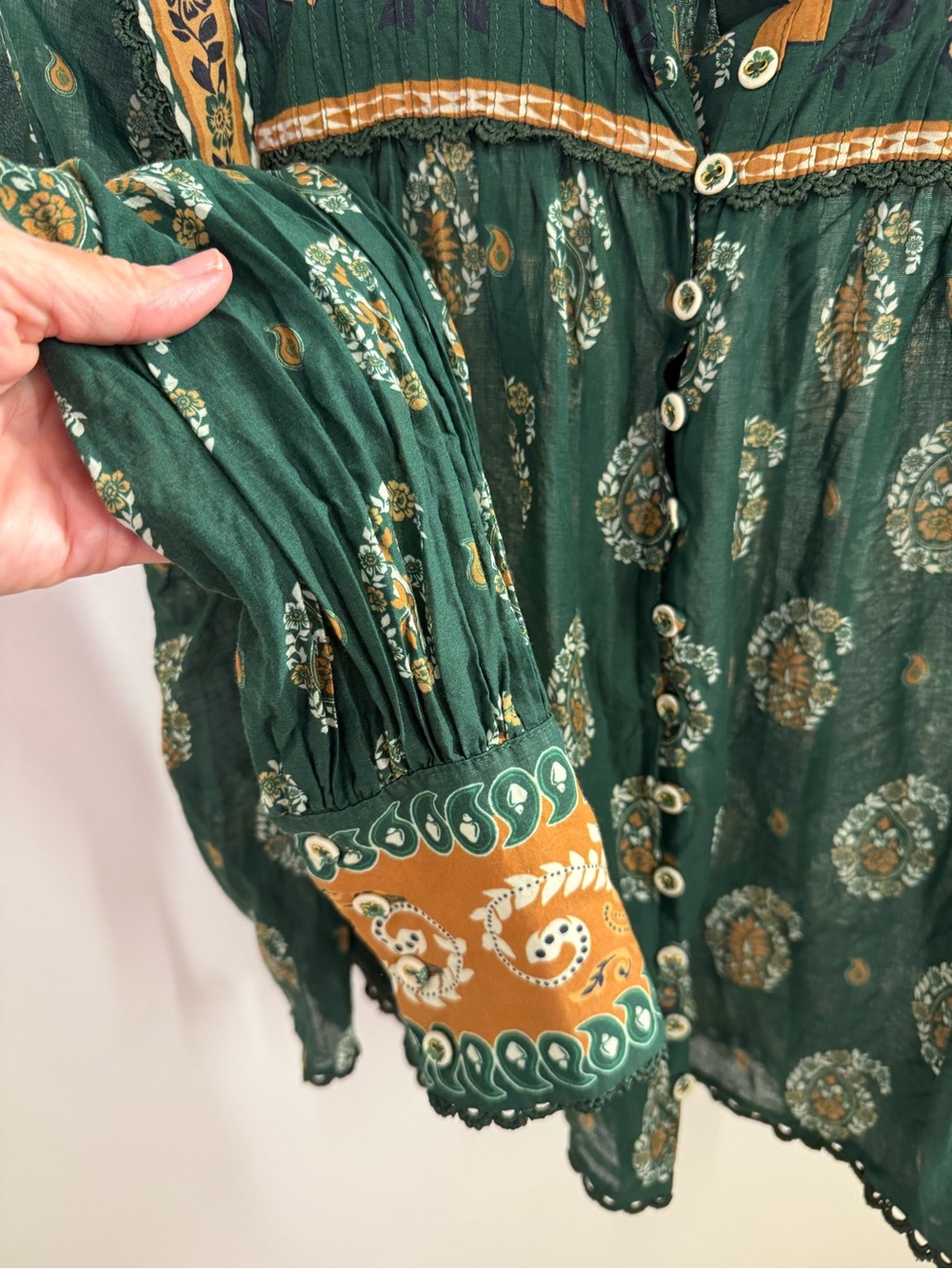 FARM Rio Forest Green Floral Button-Down Blouse with Mustard Trim - Picture 3 of 5